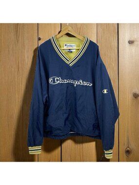 Champion Jacket Pullover Windbreaker VTG 90s Men's XL Blue Pockets Rare V Neck
